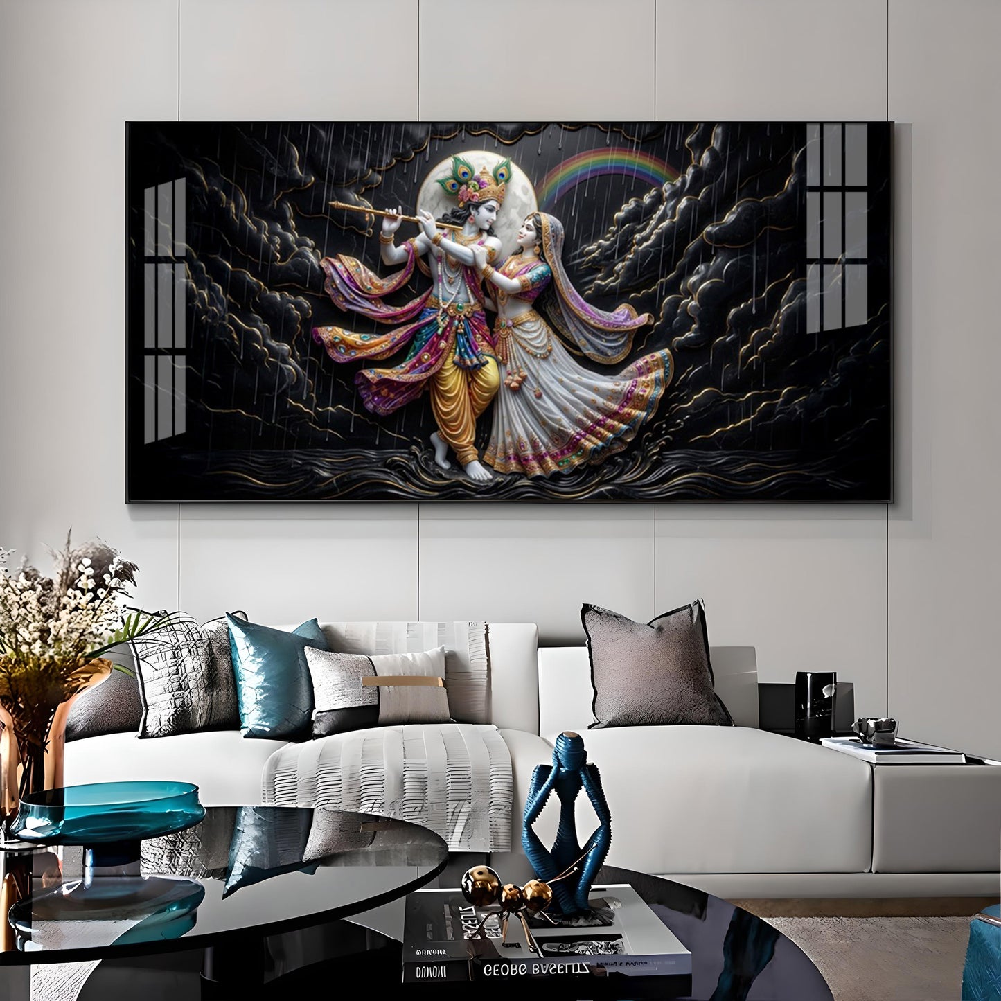 Radha Krishna High Contrast Black Backdrop Premium Acrylic Horizontal Wall Art