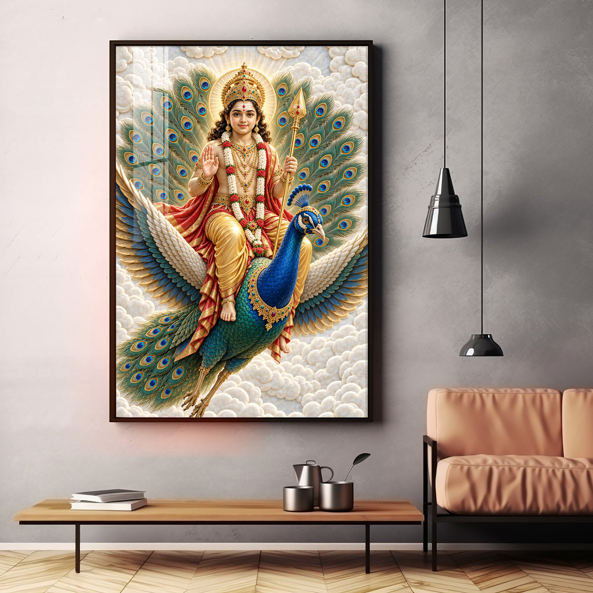 Lord Murugan With Peacock & Vel Premium Acrylic Vertical Wall Art
