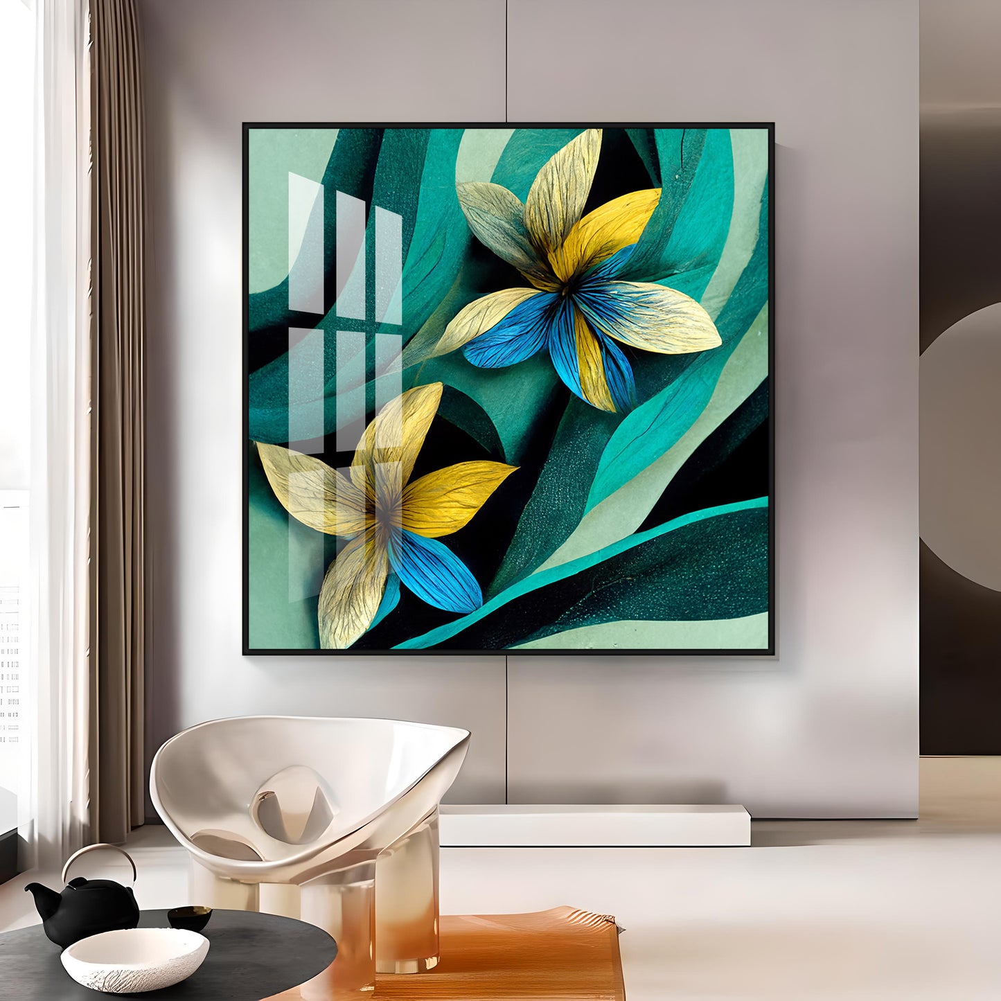 Teal and Yellow Abstract Flower Premium Acrylic Square Wall Art