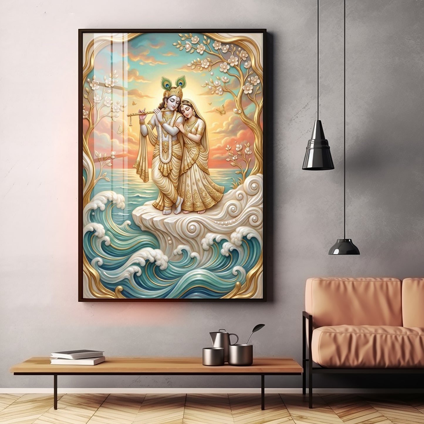 Beautiful Radha Krishna With Flute Premium Acrylic Vertical Wall Art