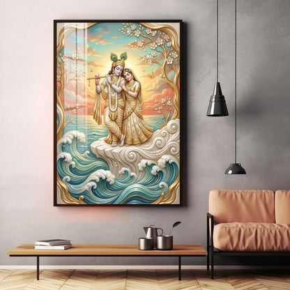 Beautiful Radha Krishna With Flute Premium Acrylic Vertical Wall Art