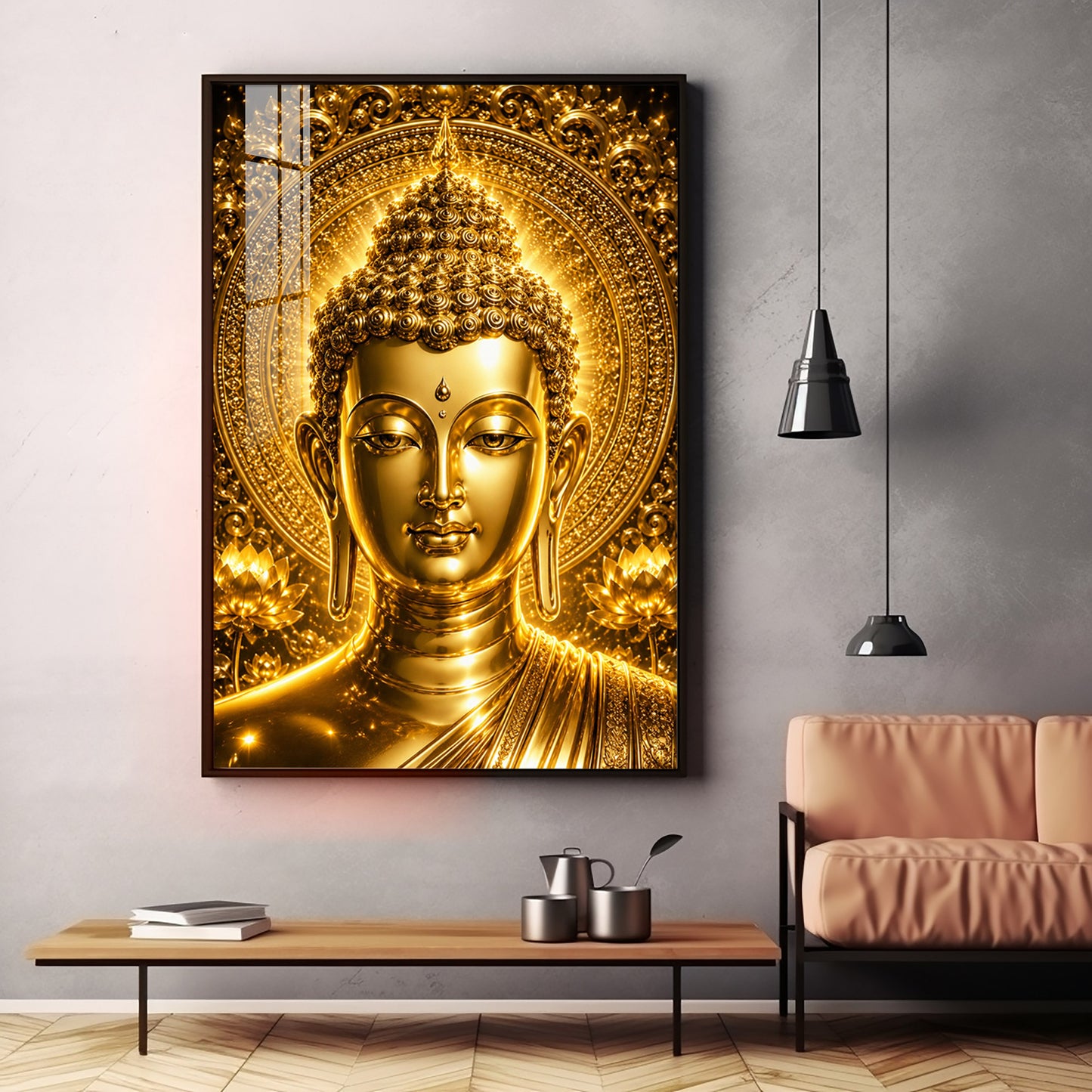 Golden Buddha Face Premium Acrylic Vertical Wall Art