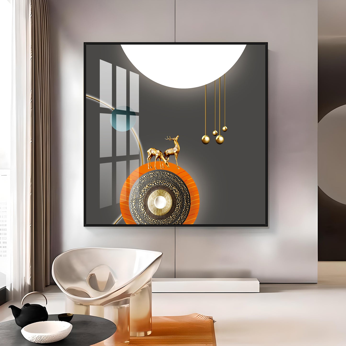 Golden Deer White & Gold Toned Design Premium Acrylic Square Wall Art