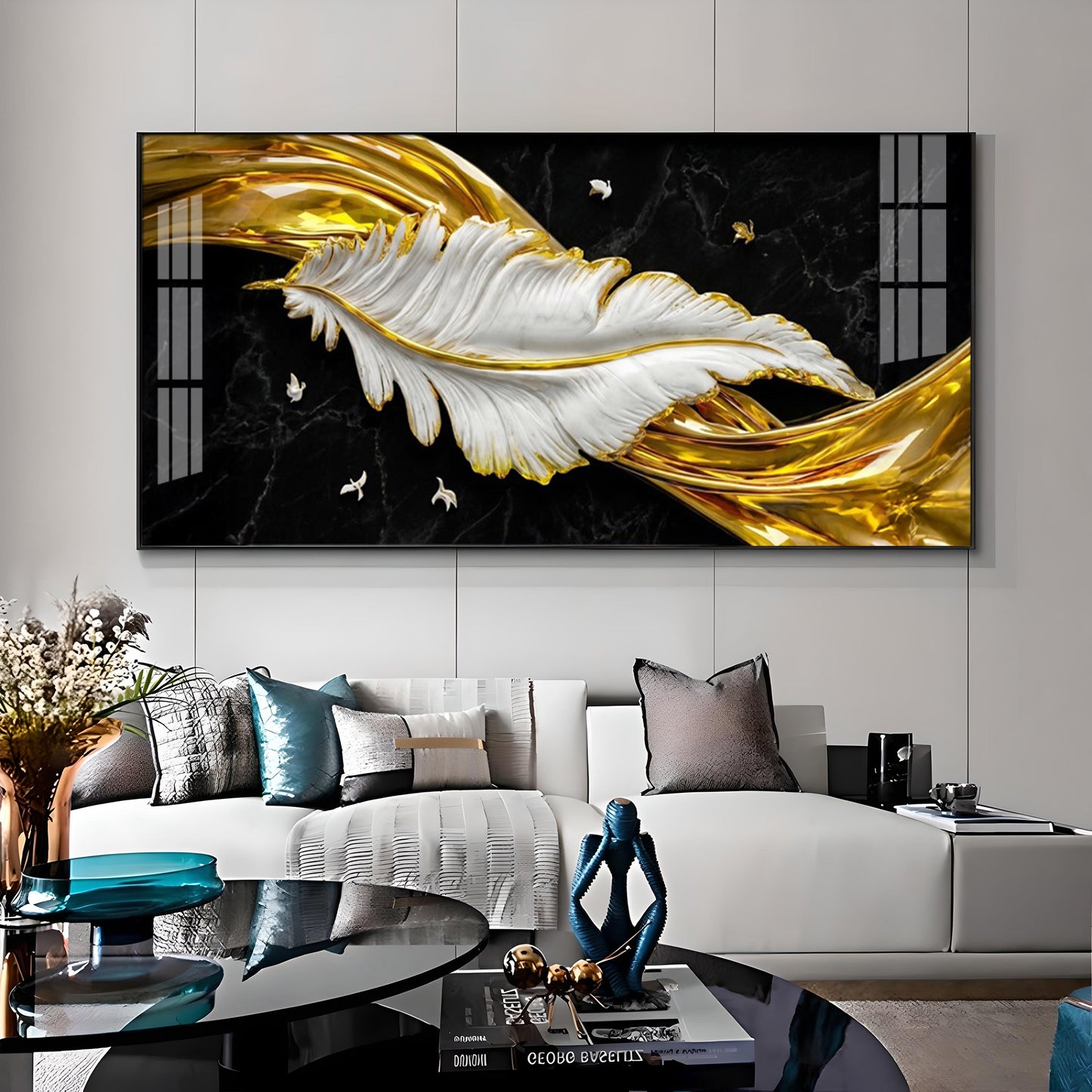 White & Gold Feather Premium Acrylic Horizontal Wall Art