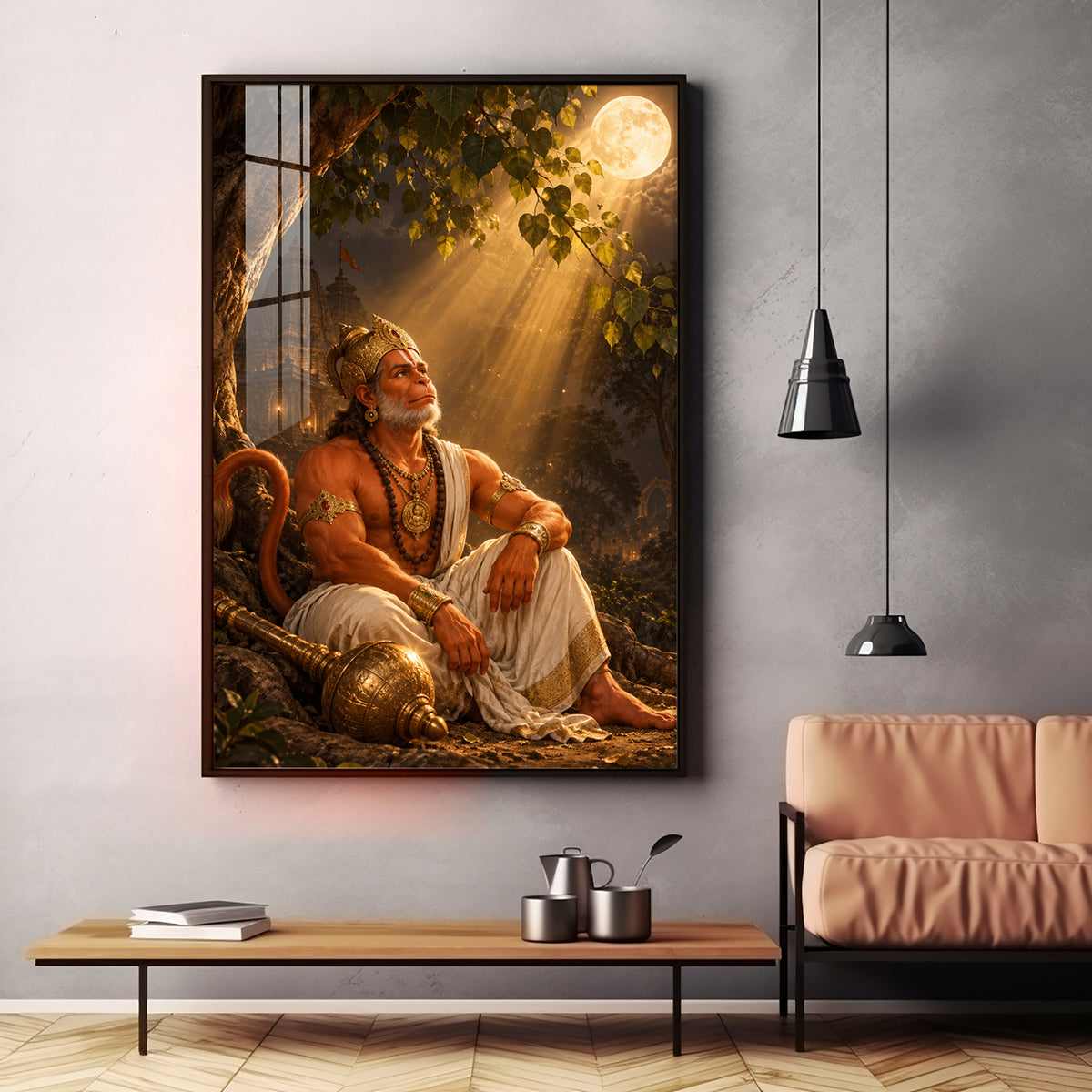 Lord Hanuman Under The Tree Premium Acrylic Vertical Wall Art