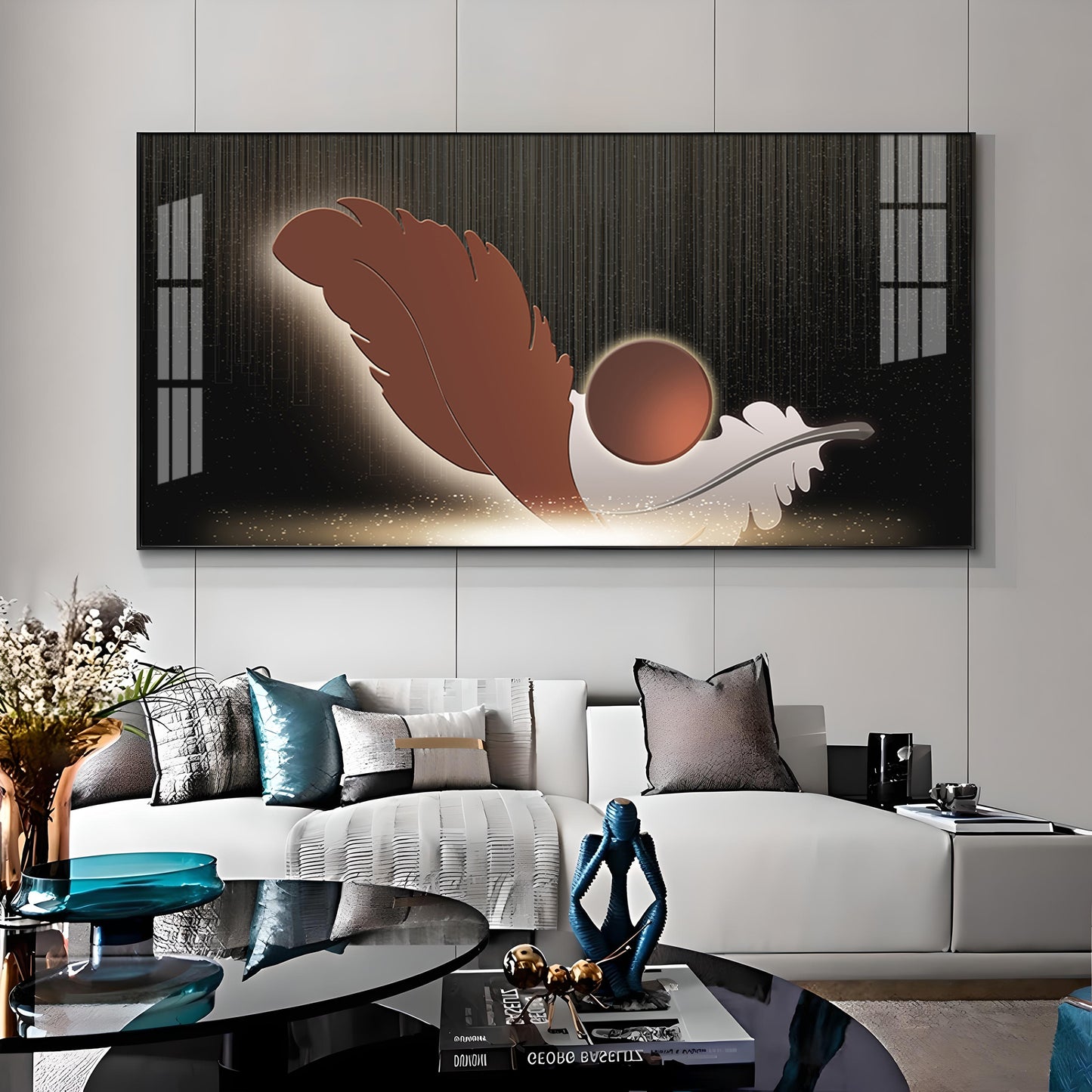 Feathers With Circle Design Premium Acrylic Horizontal Wall Art