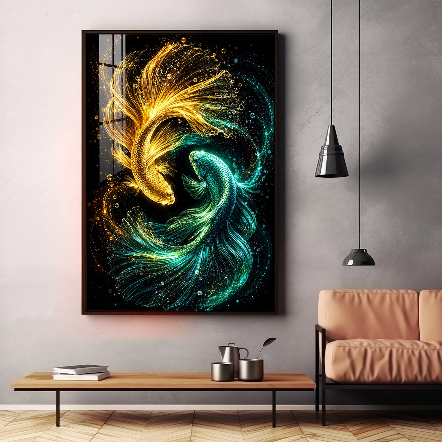 Luminous Gold Fish Premium Acrylic Vertical Wall Art