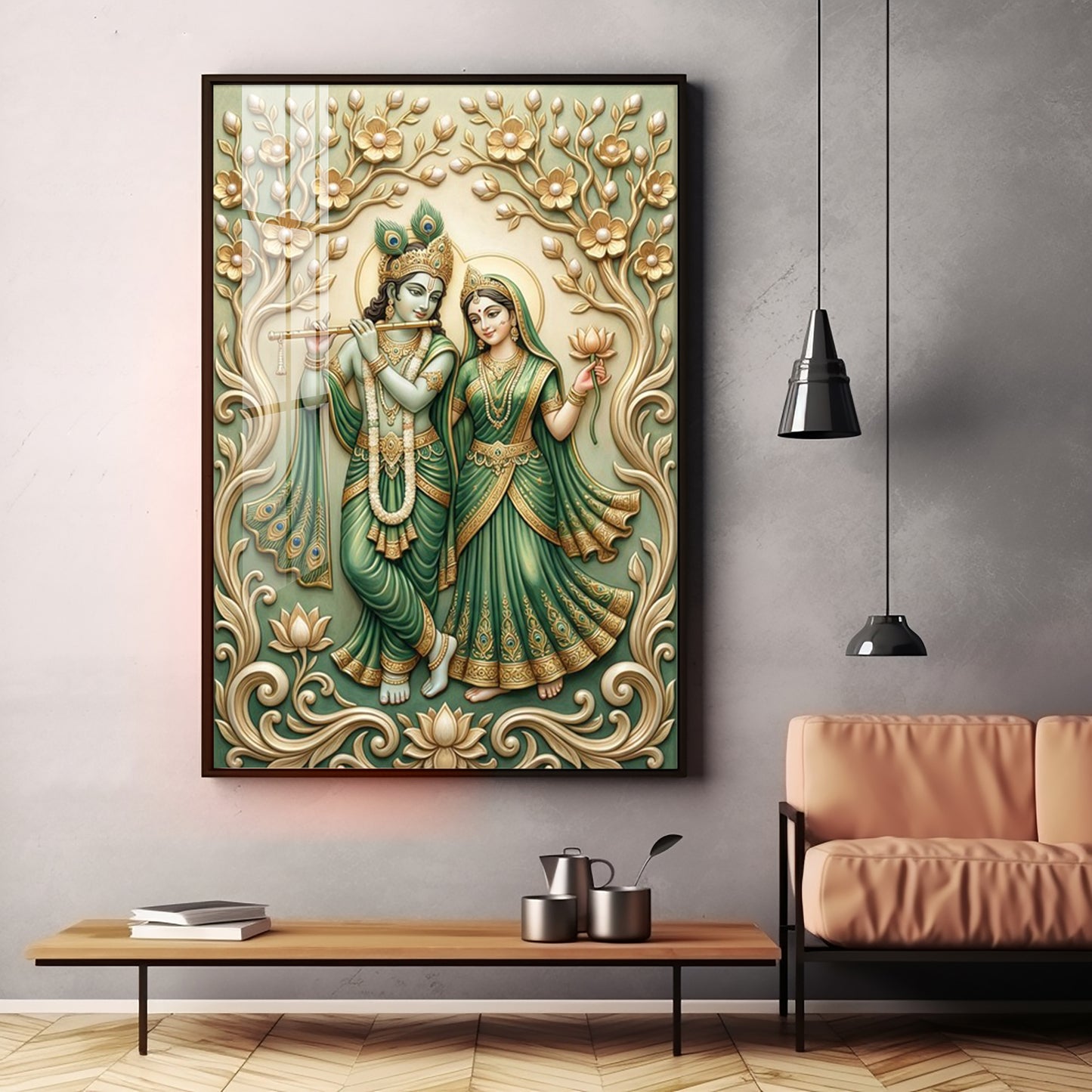 Radha Krishna With Green Background Premium Acrylic Vertical Wall Art