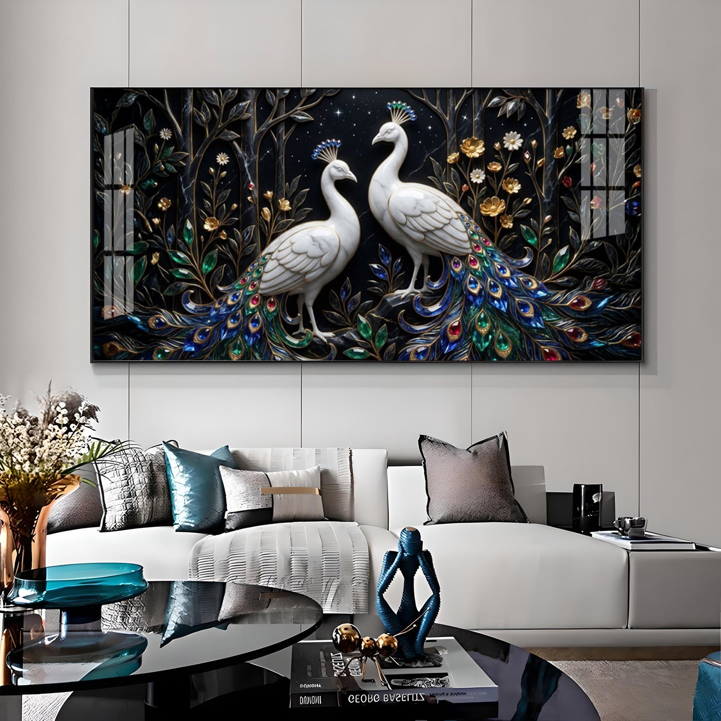 Two White Peacocks With Jewel Tails Premium Acrylic Horizontal Wall Art