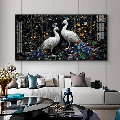 Two White Peacocks With Jewel Tails Premium Acrylic Horizontal Wall Art
