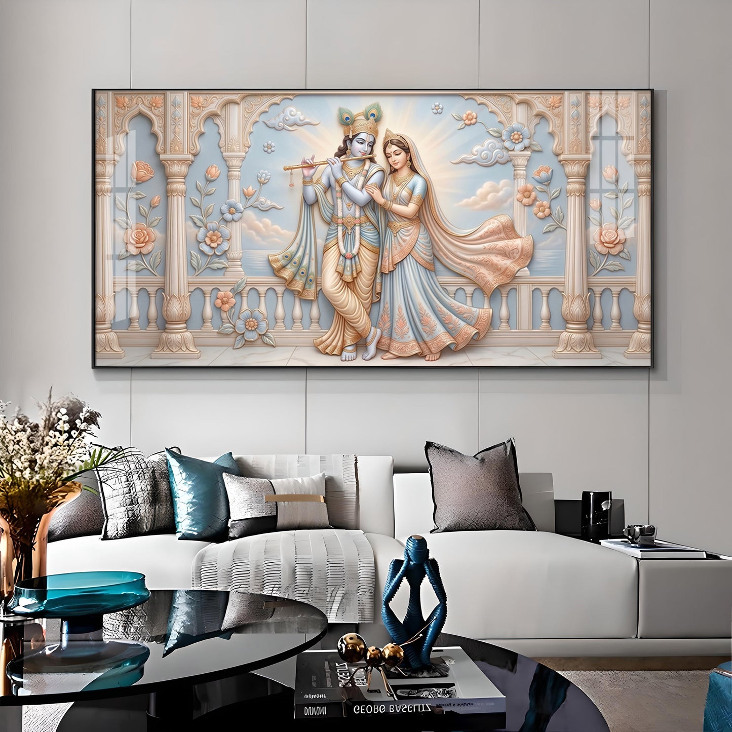 Krishna Playing The Flute Beside Radha Premium Acrylic Horizontal Wall Art