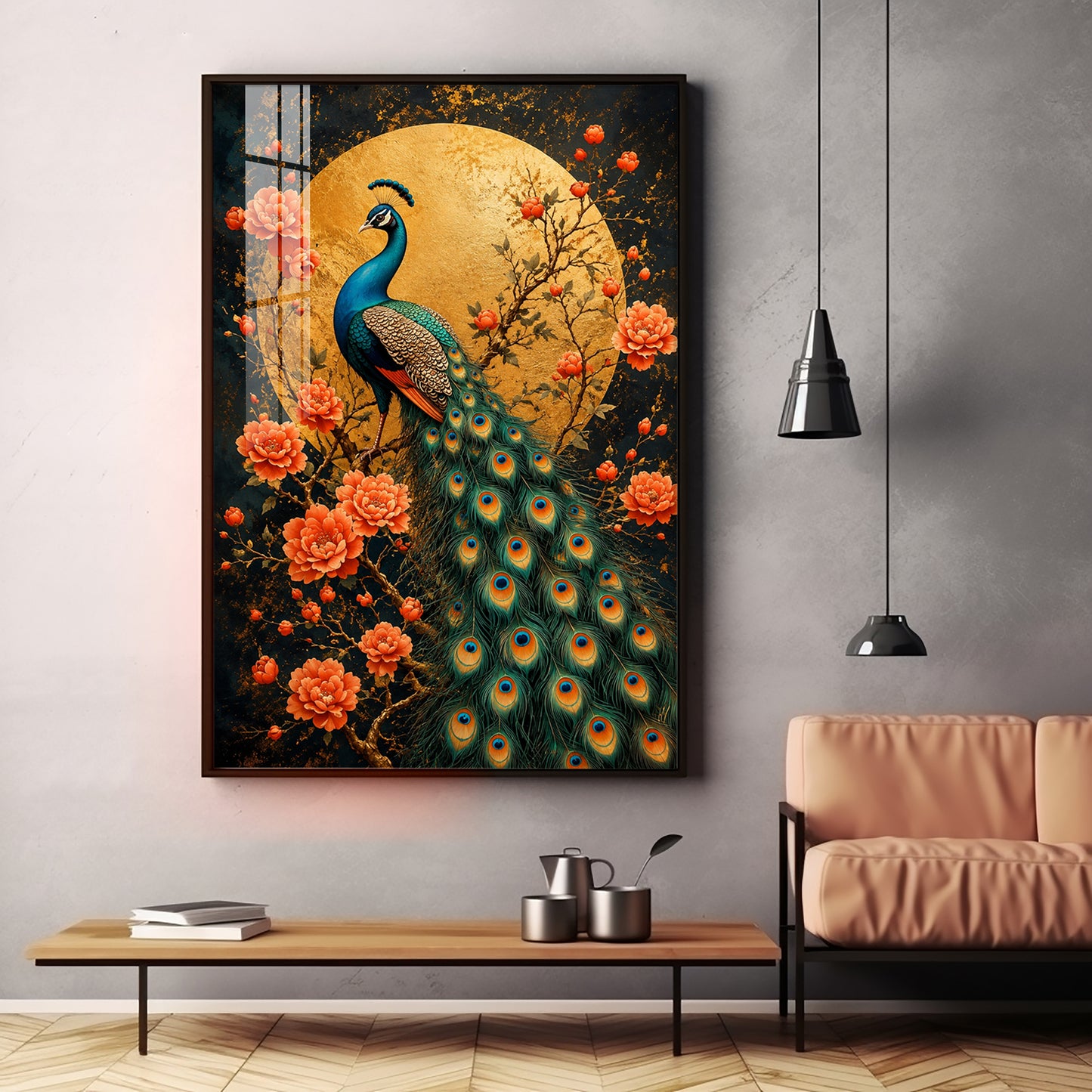 Golden Moon Peacock Premium Acrylic Vertical Wall Art