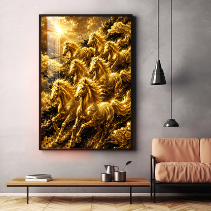 Golden Seven Horses Premium Acrylic Vertical Wall Art