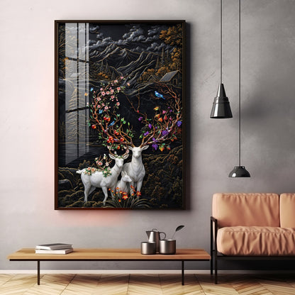 White Deer With Colorful Floral Premium Acrylic Vertical Wall Art