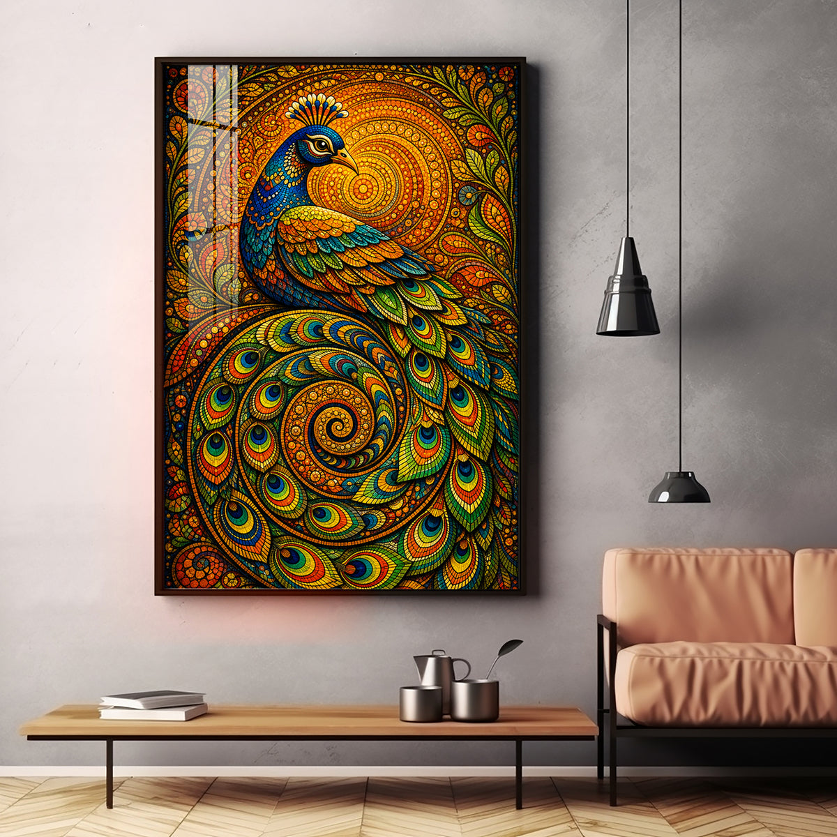 Vibrant Mandala Peacock Premium Acrylic Vertical Wall Art