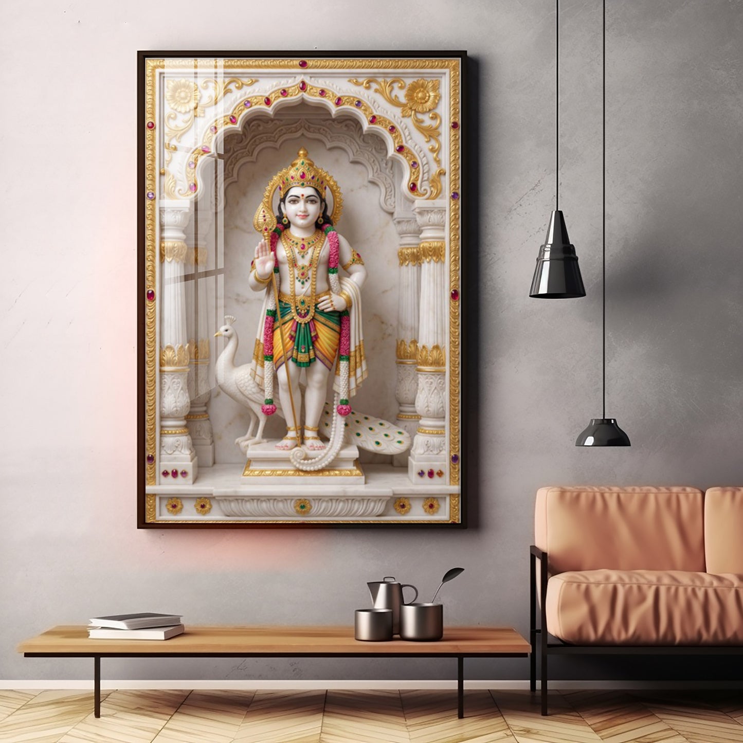 Lord Murugan With White Peacock Premium Acrylic Vertical Wall Art
