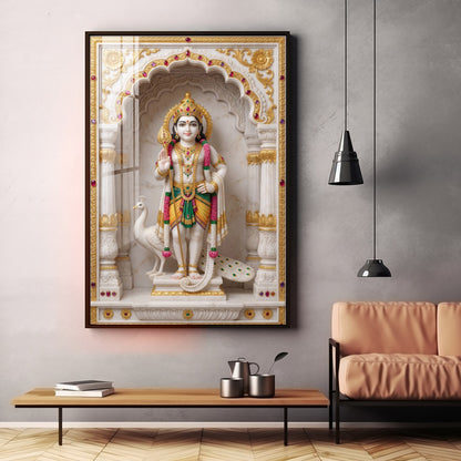 Lord Murugan With White Peacock Premium Acrylic Vertical Wall Art