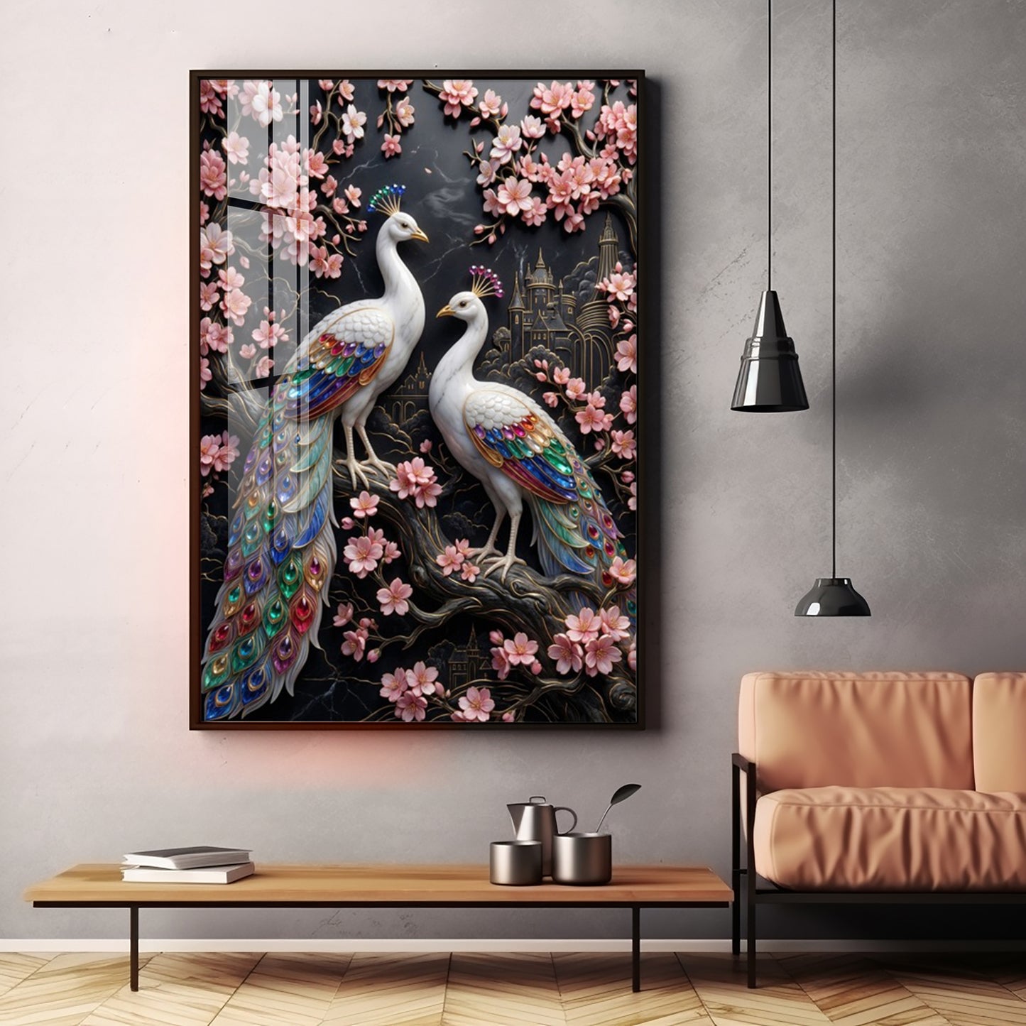 White Peacock Pair Premium Acrylic Vertical Wall Art