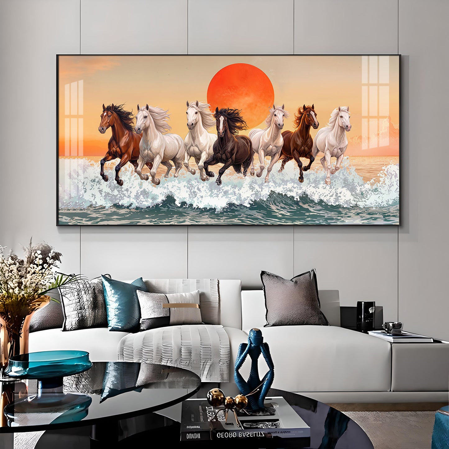 Seven Horses Glloping Across Ocean Premium Acrylic Horizontal Wall Art