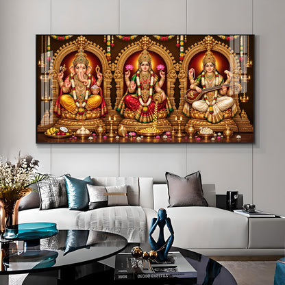Goddess Laxmi, God Ganesh & Maa Saraswati Premium Acrylic Horizontal Wall Art