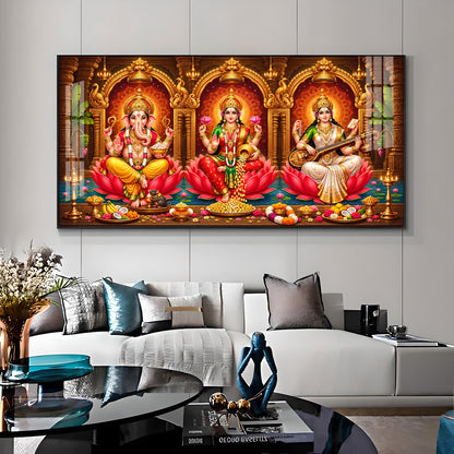 Lord Ganesha, Goddess Lakshmi and Goddess Saraswati Premium Acrylic Horizontal Wall Art