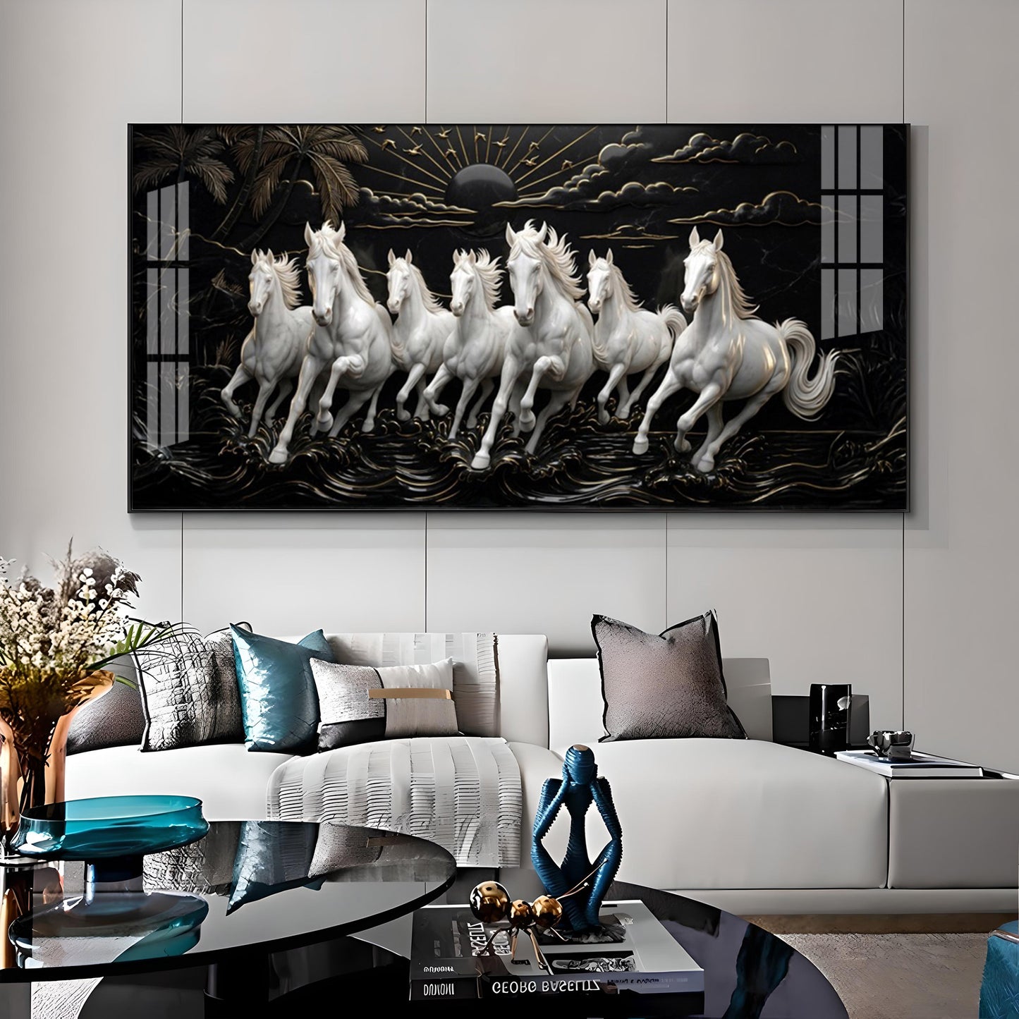 Seven Running Vastu Lucky Horses Premium Acrylic Vertical Wall Art