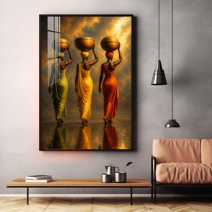 Rural Women Carrying Water Premium Acrylic Vertical Wall Art