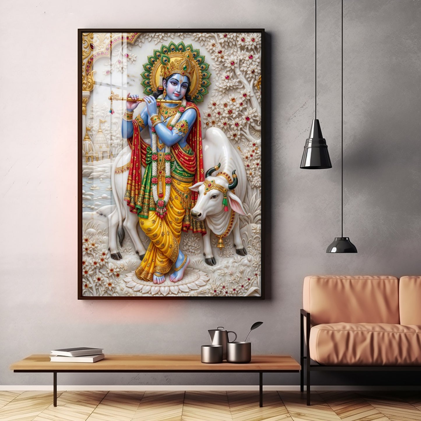 Shri Krishna With Cow Premium Acrylic Vertical Wall Art