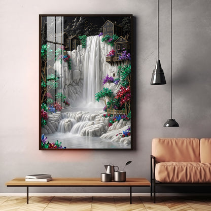 Waterfall Surrounded By Houses Premium Acrylic Vertical Wall Art