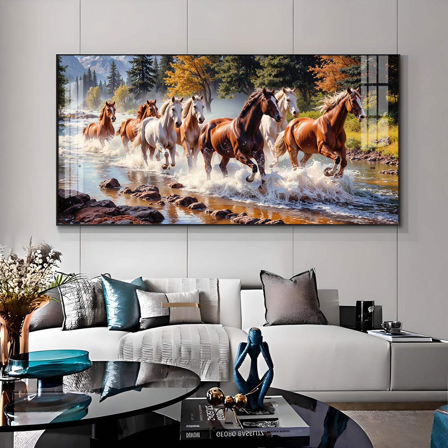 Running Horses in River Premium Acrylic Horizontal Wall Art