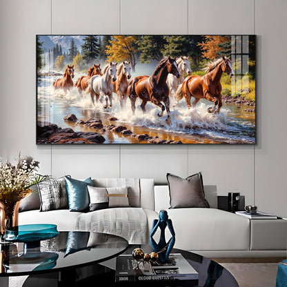 Running Horses in River Premium Acrylic Horizontal Wall Art