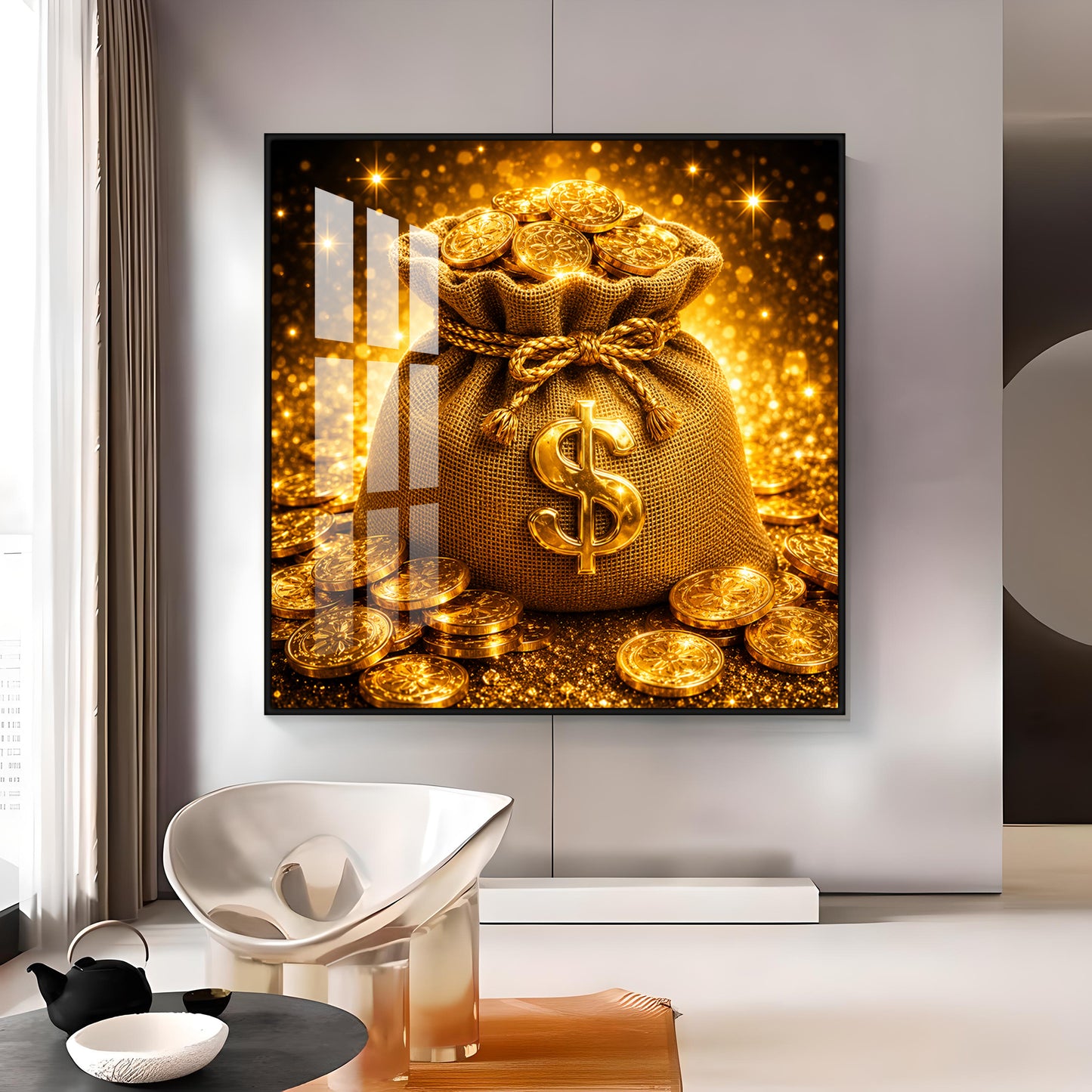 Golden Money Bag Premium Acrylic Square Wall Art