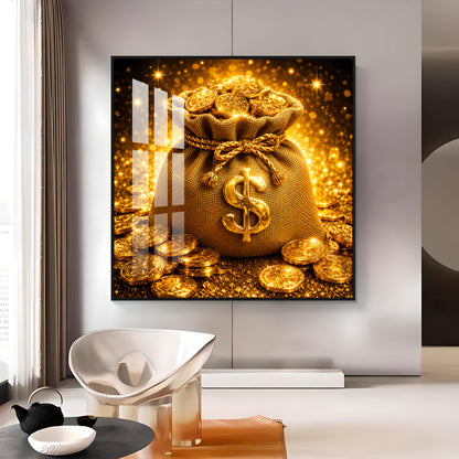 Golden Money Bag Premium Acrylic Square Wall Art