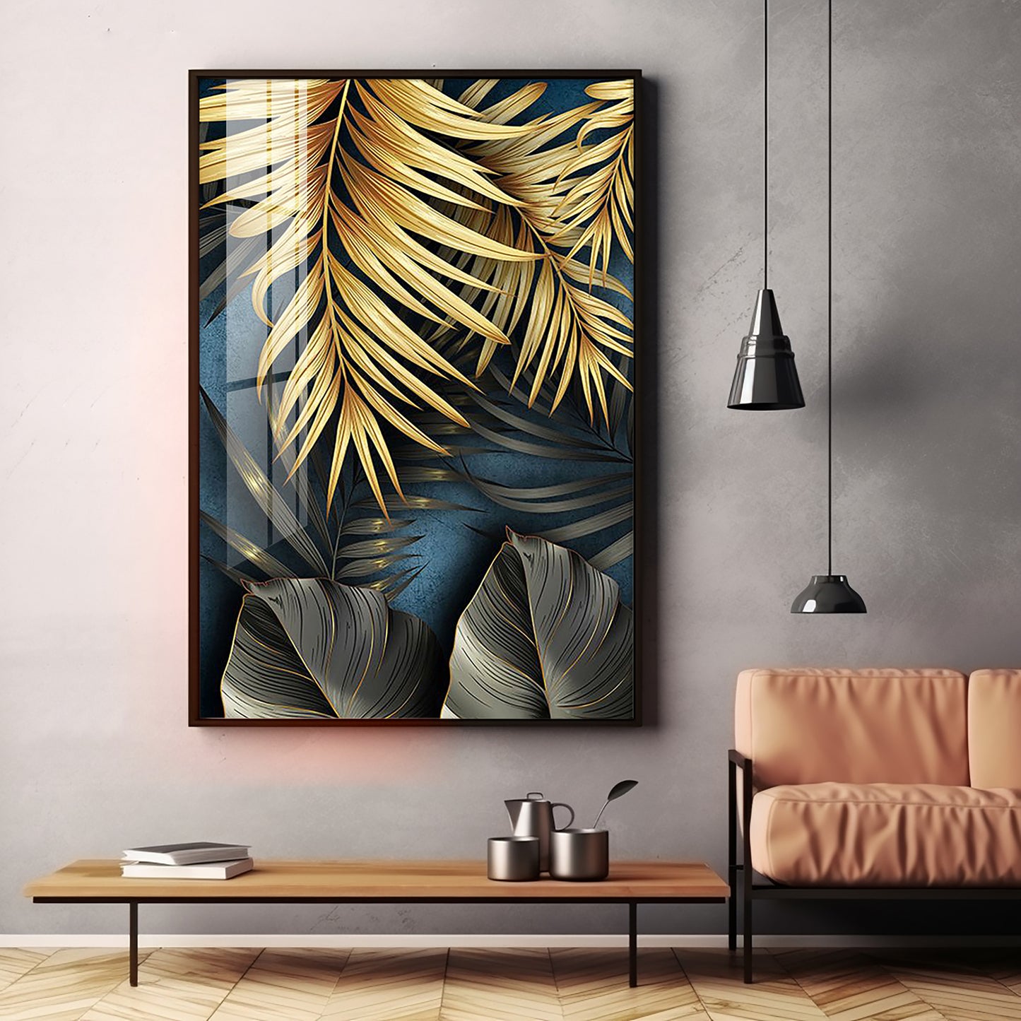 Tropical Golden Leafs Premium Acrylic Vertical Wall Art