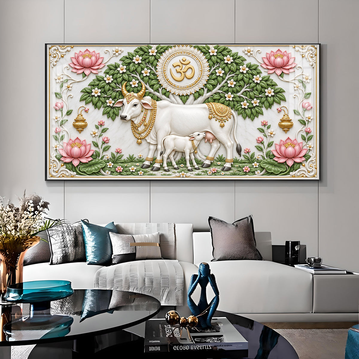 Sacred Kamdhenu Cow Calf Premium Acrylic Horizontal Wall Art