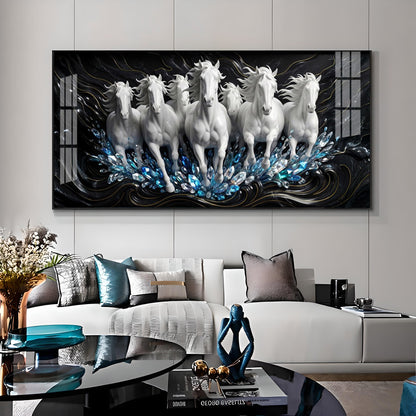 White Seven Running Horses Motivational Premium Acrylic Horizontal Wall Art