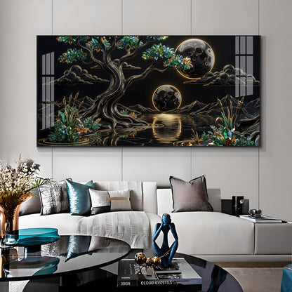 Tree & Sacred Mountains With Black & Gold Premium Acrylic Horizontal Wall Art