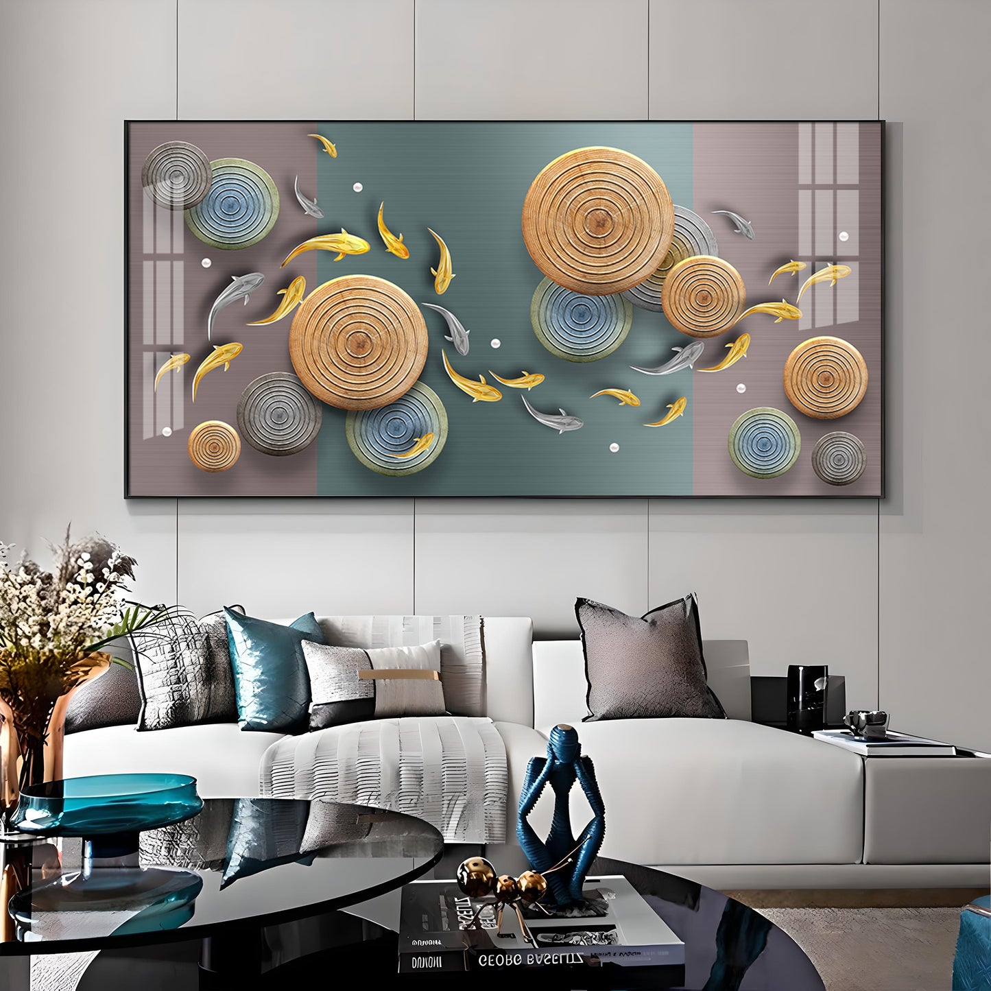 Koi Fish & Concentric Circular Premium Acrylic Horizontal Wall Art