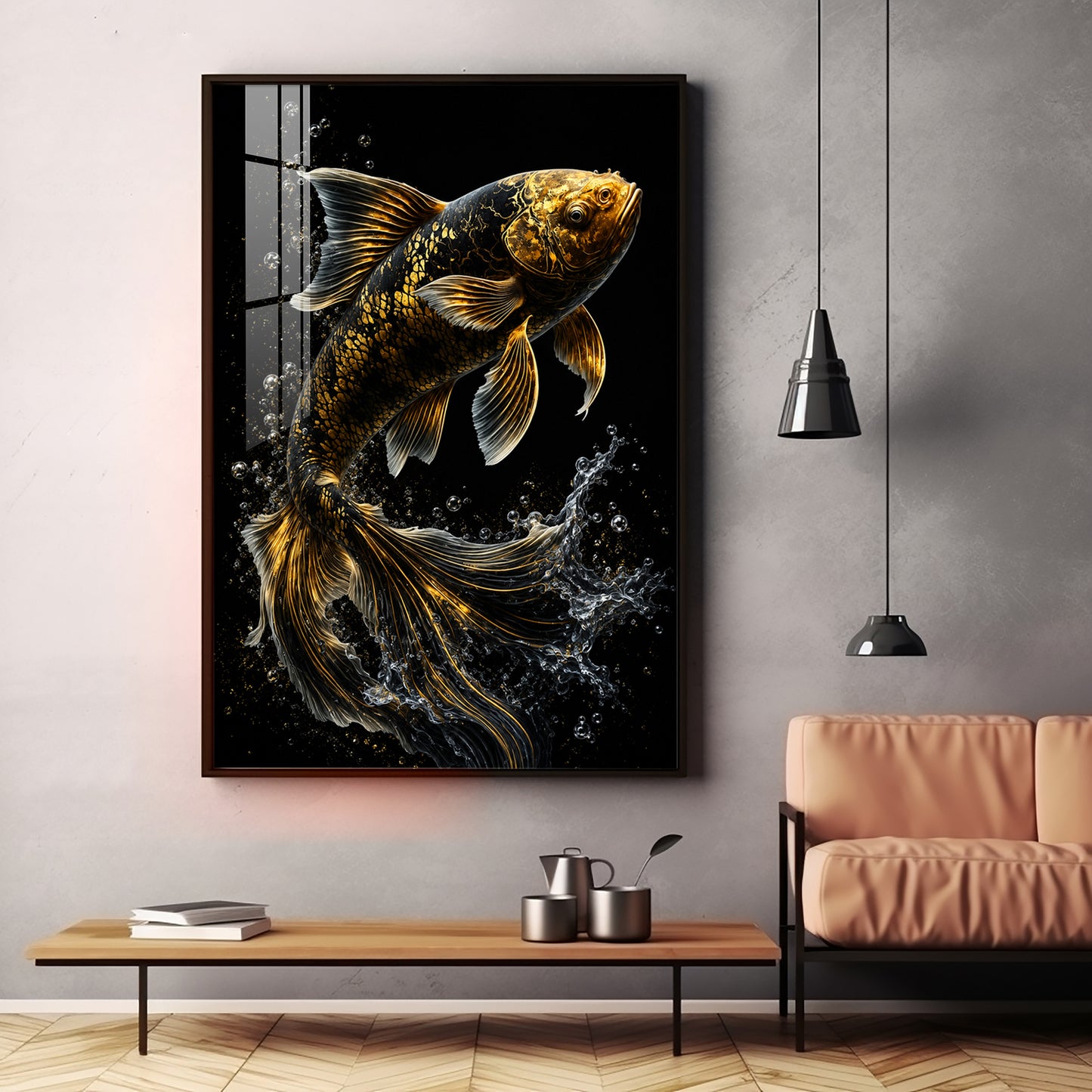 Golden Koi Splash Premium Acrylic Vertical Wall Art