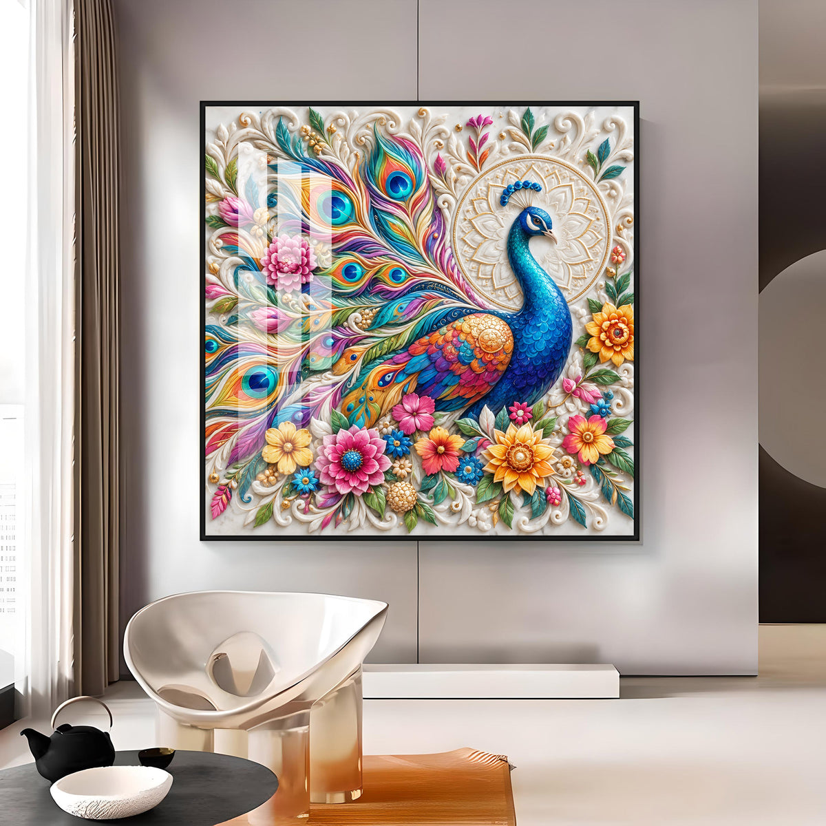 Vibrant Peacock Floral Premium Acrylic Square Wall Art