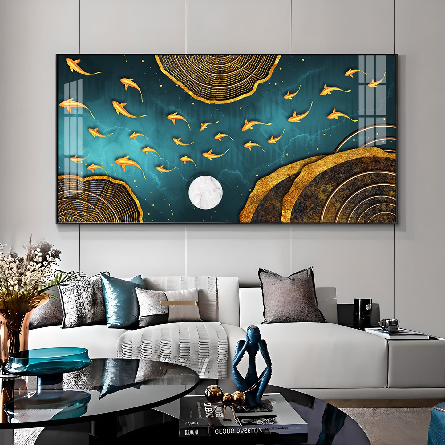 Features Golden Koi Fish Premium Acrylic Horizontal Wall Art