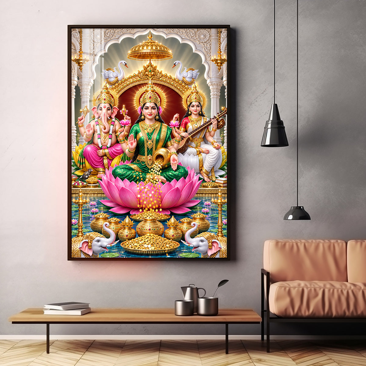 Maa Laxmi Ji, Maa Saraswati & Ganesh Ji Premium Acrylic Vertical Wall Art