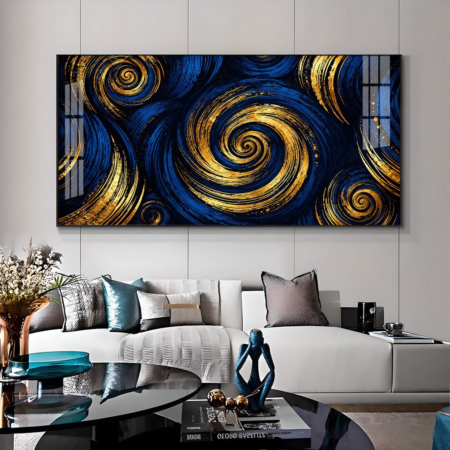 Blue Gold Swirls Premium Acrylic Horizontal Wall Art