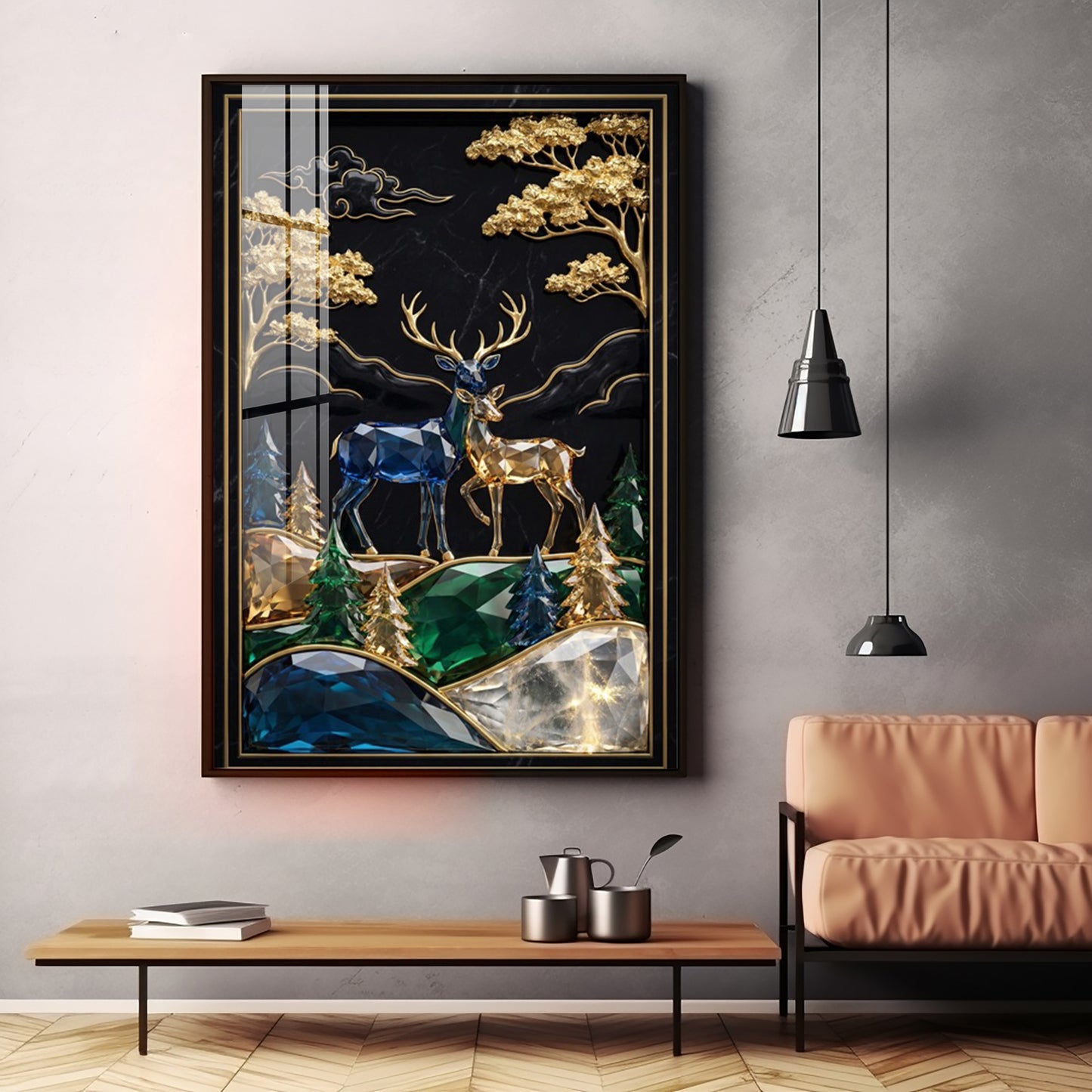 Pair Of Golden & Blue Deer Premium Acrylic Vertical Wall Art