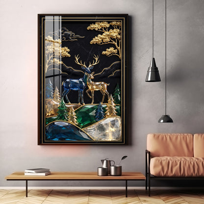Pair Of Golden & Blue Deer Premium Acrylic Vertical Wall Art