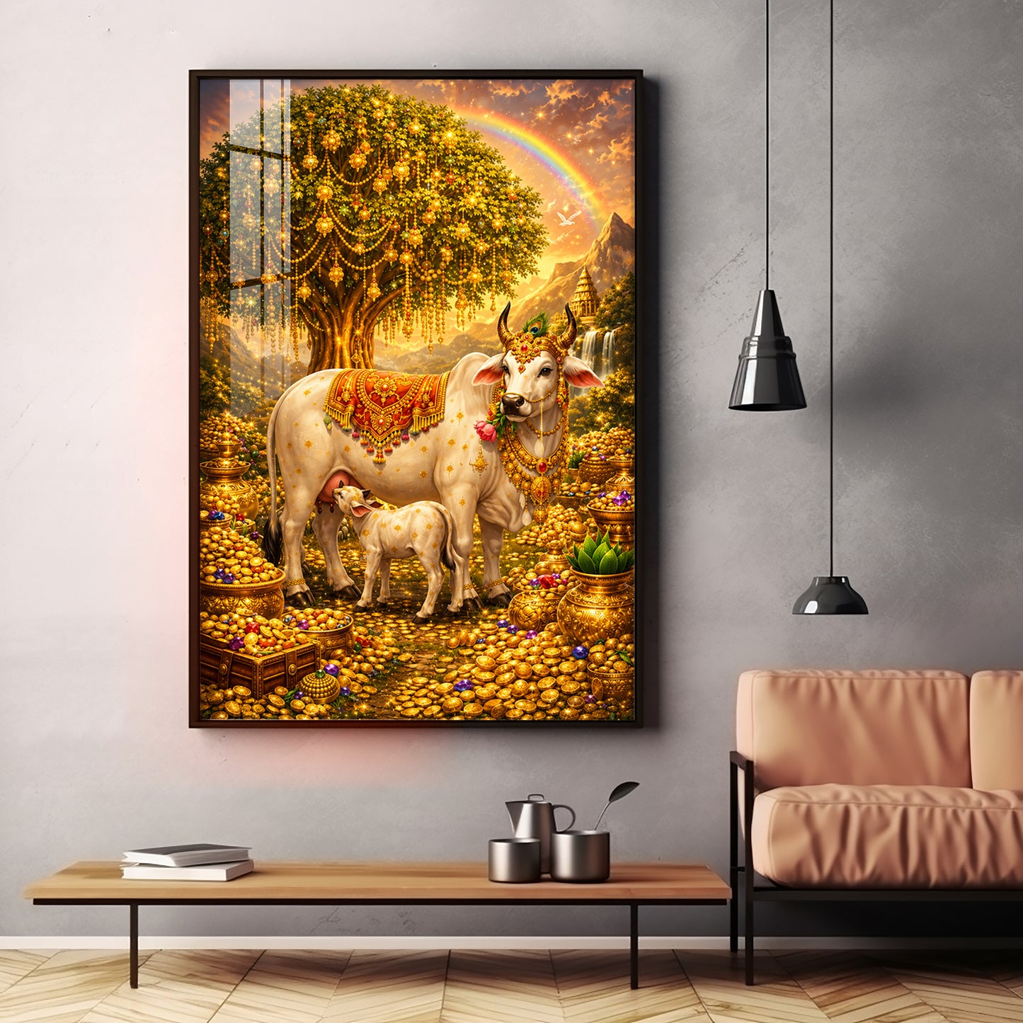 Golden Kamadhenu Wish-Fulfilling Cow Premium Acrylic Vertical Wall Art