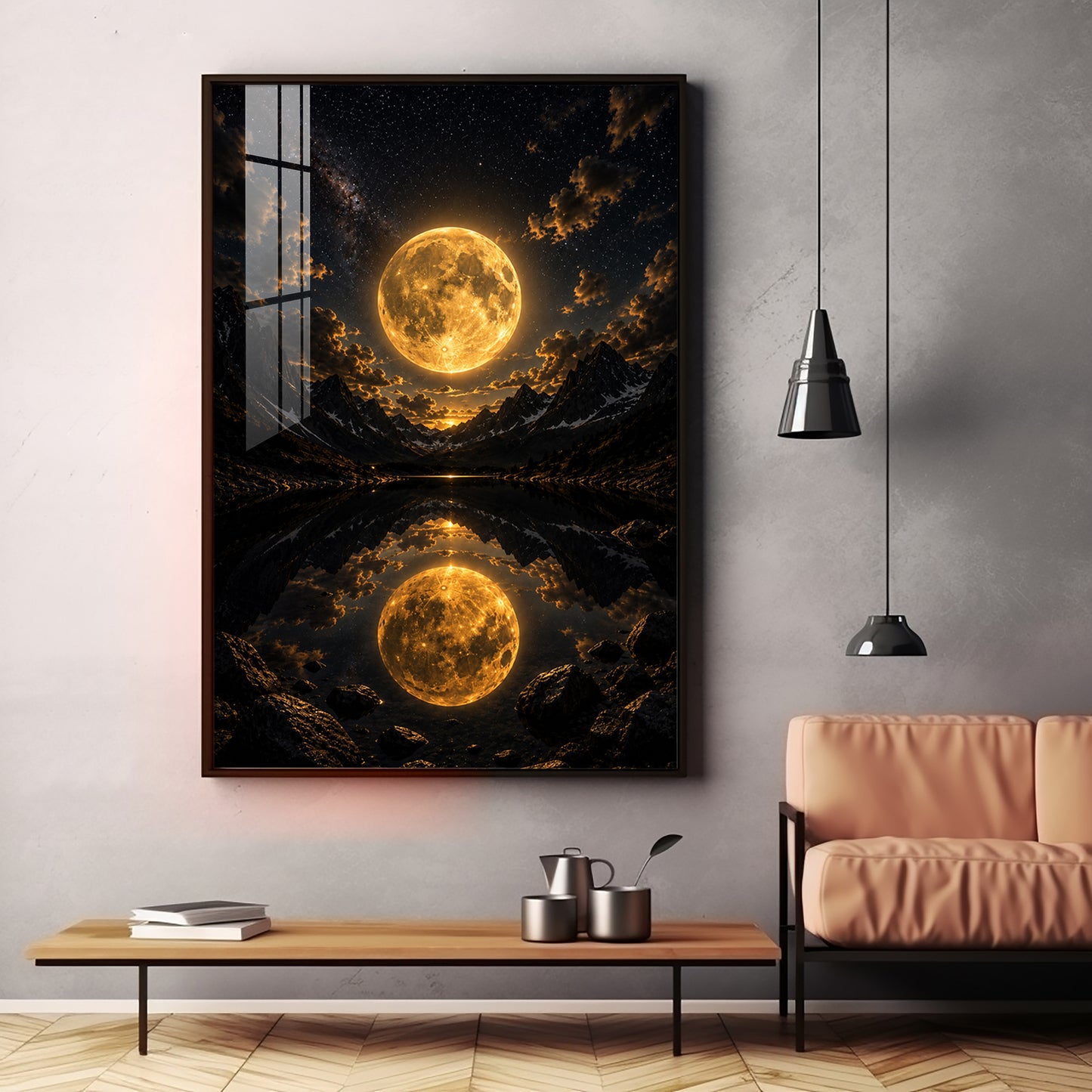 Luminous Supermoon & Mountain Lake Reflection Premium Acrylic Vertical Wall Art
