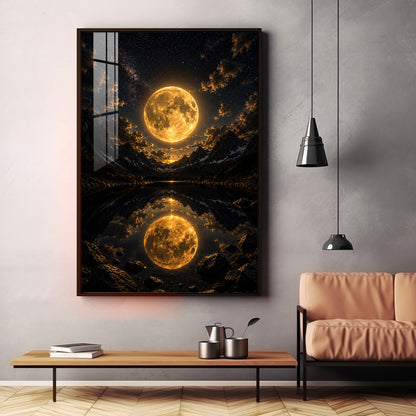 Luminous Supermoon & Mountain Lake Reflection Premium Acrylic Vertical Wall Art