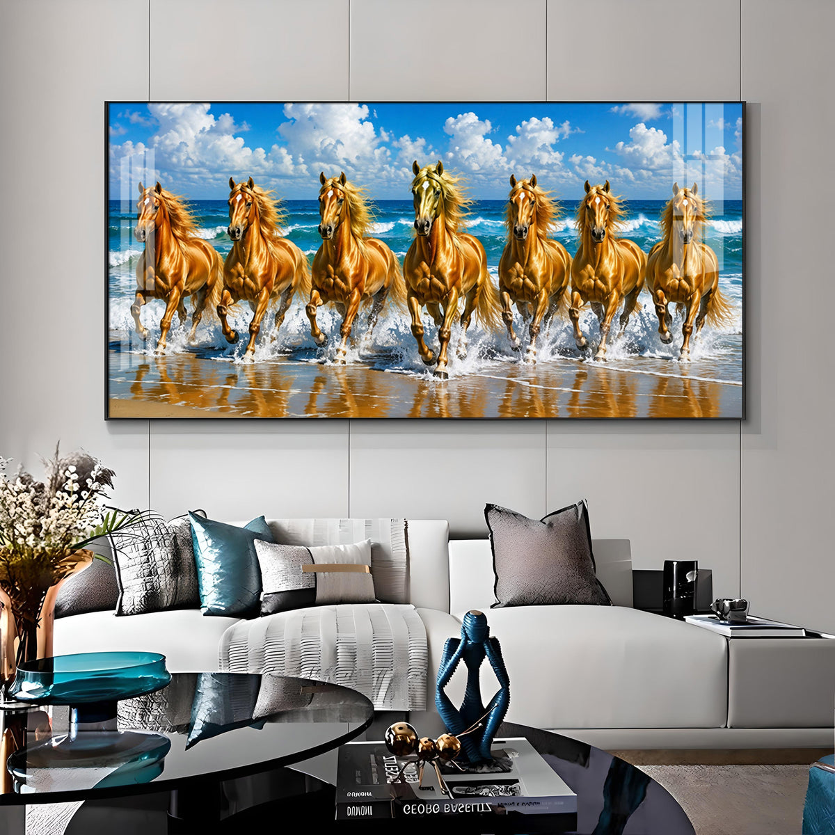 Seven Golden Horses In Ocean Premium Acrylic Horizontal Wall Art