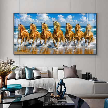 Seven Golden Horses In Ocean Premium Acrylic Horizontal Wall Art